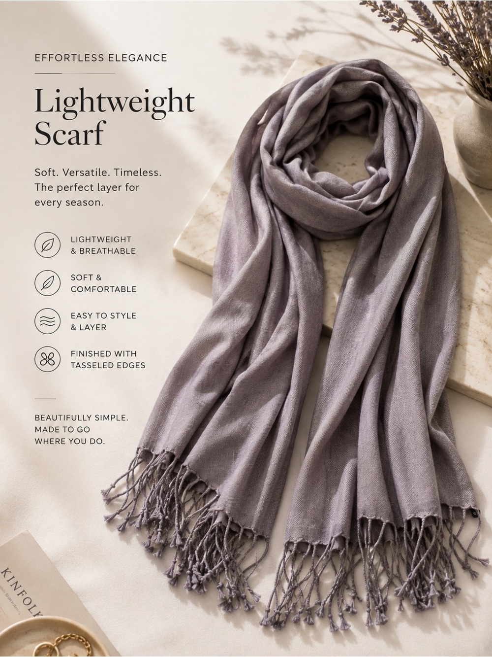 Lightweight Tassel-Trim Scarf in Soft Lavender Gray